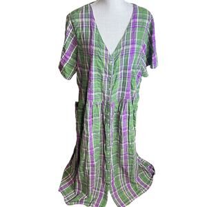 Vintage Plaid Maxi Dress Green Purple Cottagecore Pearl Snap Prairie Cotton 1X